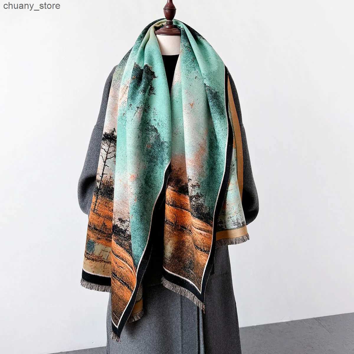 Scarves 2024 Retro Floral Print Thick Cashmere Scarf Women Winter Autumn Keep Warm Shawl Wraps Blanket Pashmina Poncho Tassels Bufanda L240910