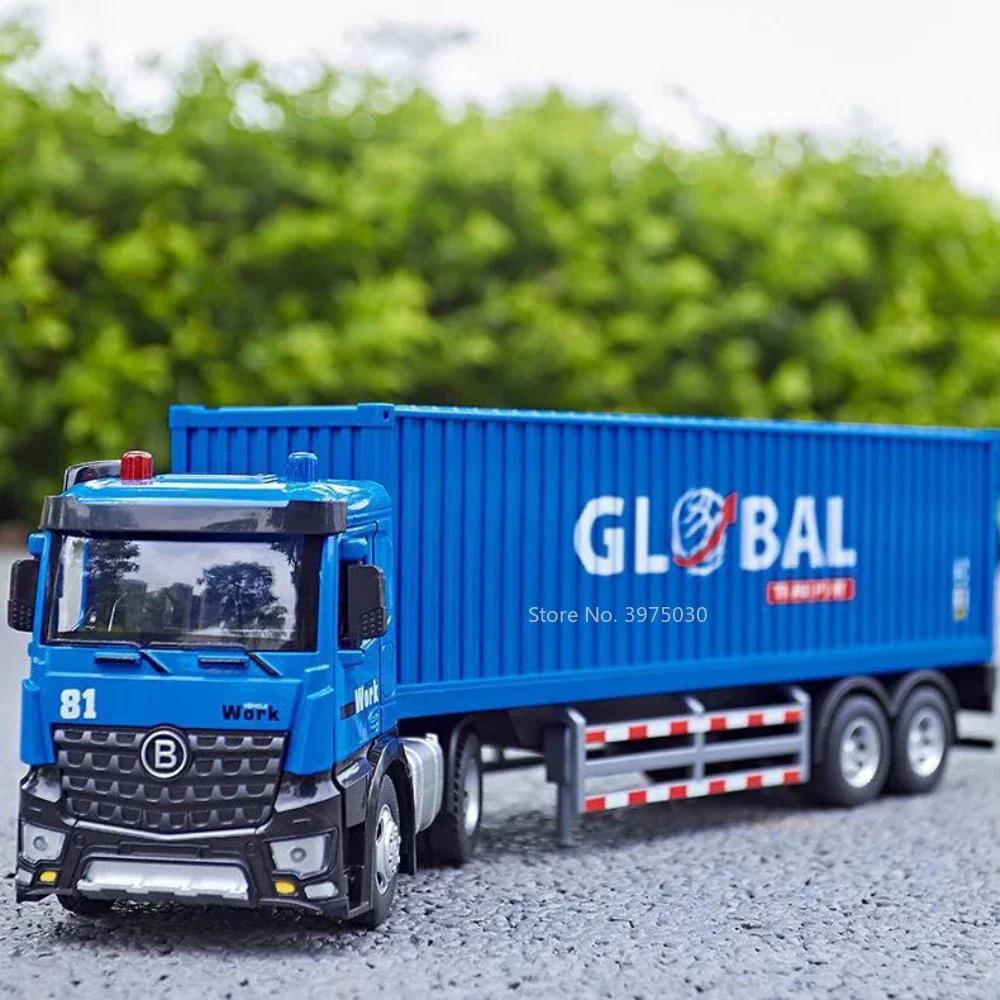 1/18 Container Transport Truck Model Toy Alloy Diecast Scale Car with Sound Light Door Can Be Opened Decorations for Boys Gifts