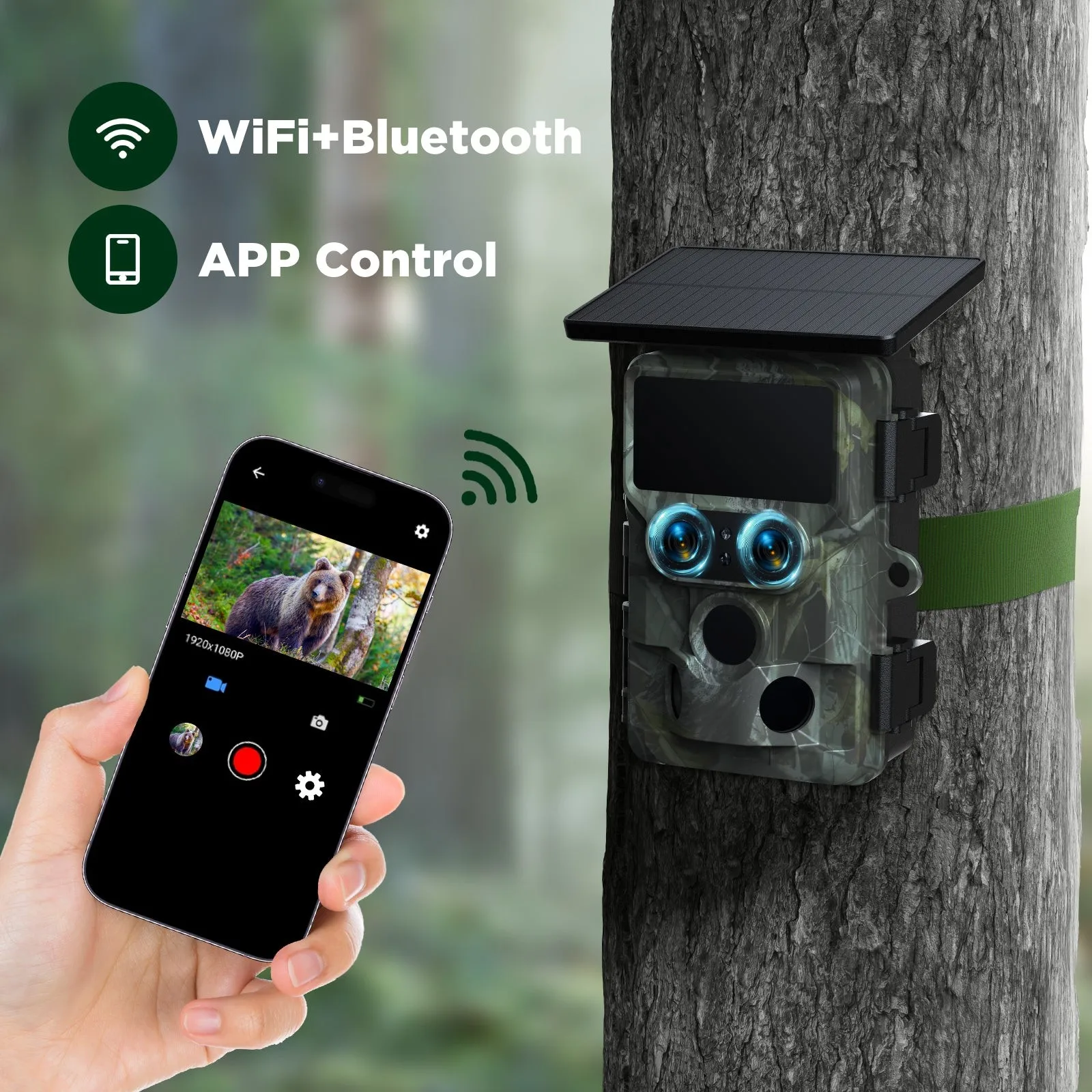 SunGusOutdoors 4K 48MP Solar Powered WiFi Dual Lens Wildlife Trail Camera Traps with 13MP SONY Native Sensor App Settings