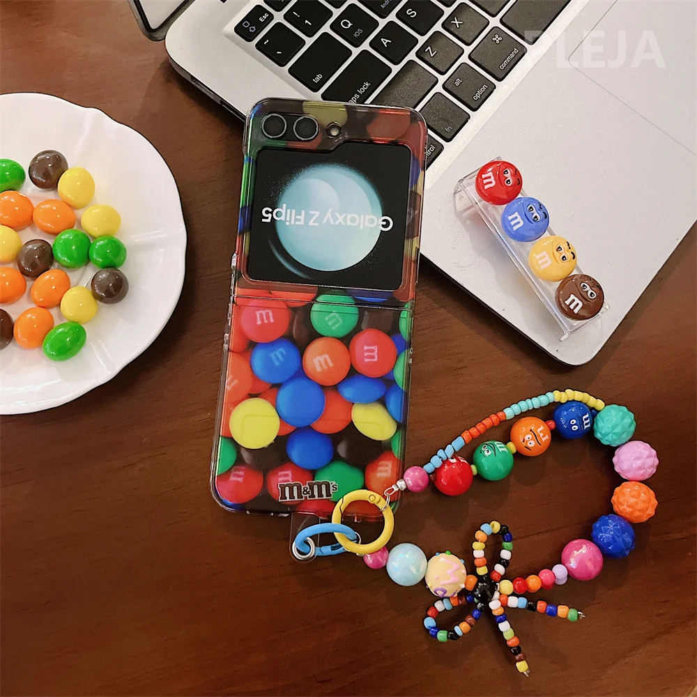 Hinge Korean Cute Chocolate Case ddmysmile For Samsung Galaxy Z Flip 5 4 3 Flip3 Flip4 Flip5 Zflip5 With Candy Beads Bracelet Chain Cover Smile