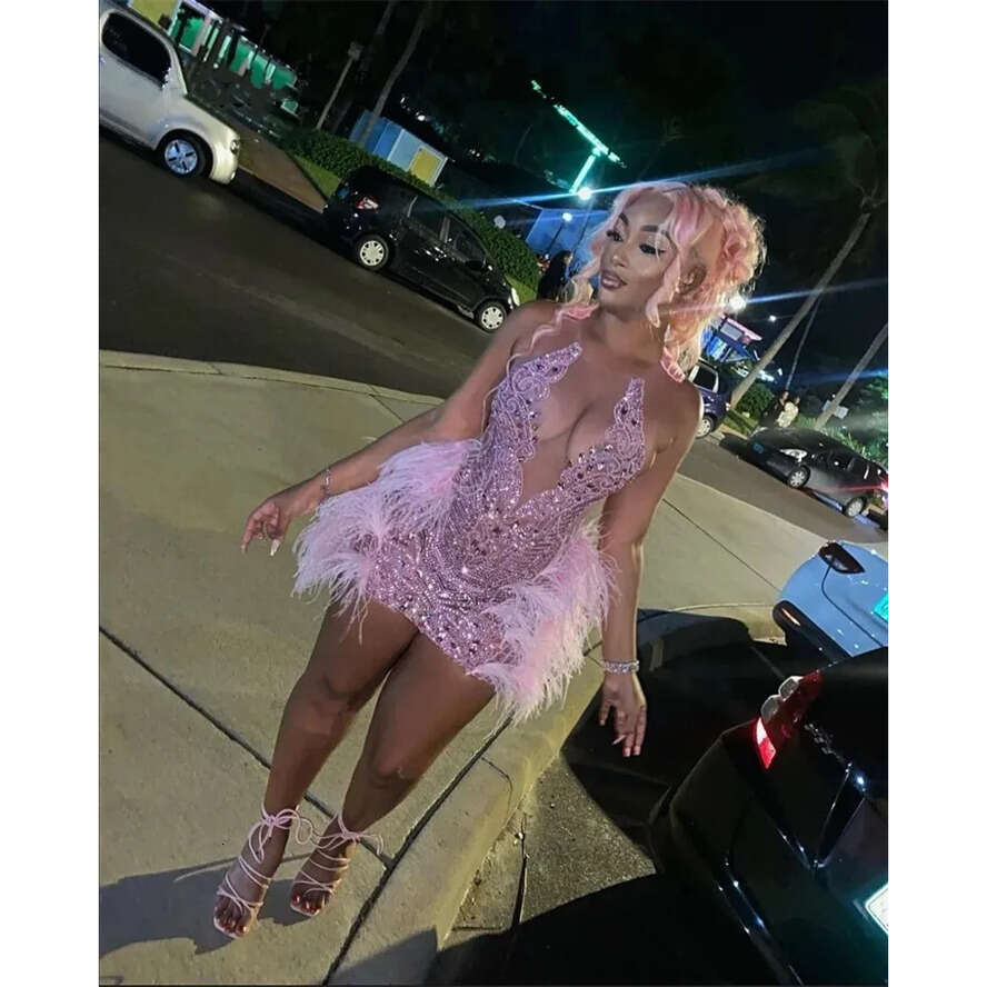 Sparkly Pink Mermaid Short Prom Dress Glitter Bead Crystals Rhies Feathers Tail Birthday Party Gown Robe De Bal