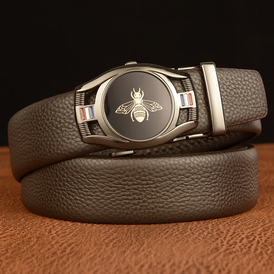 Buckle Brand Men Automatic Belt Genuine Leather Bee Pattern Male Belts Casual 3.5cm Width High Quality Cowhide Waistband smile