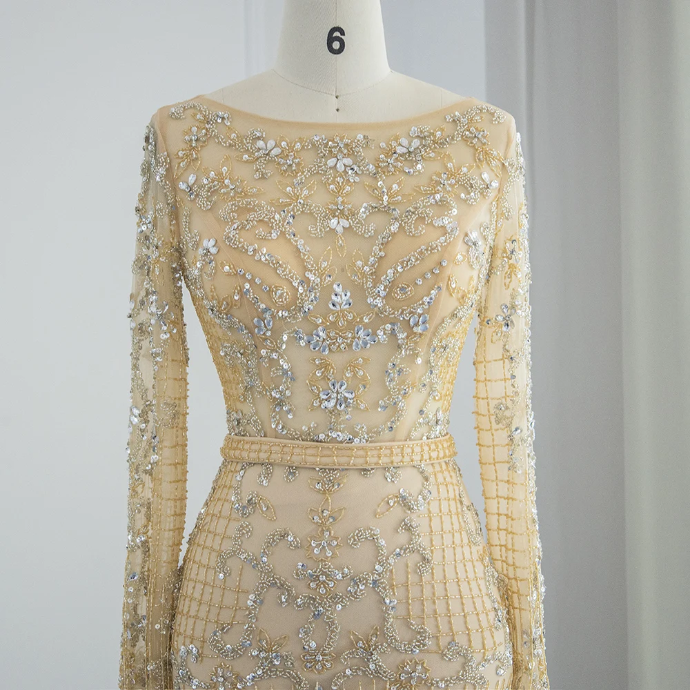 Sharon Said Beading Tassel Dubai Evening Dresses For Women Long Sleeve Muslim Formal Gowns Party Prom Dress Lz0304