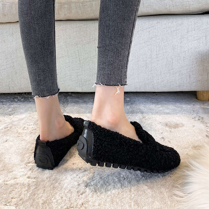 Plus Size Women Shearg Flats Furry Lambswool Mocasines Mujer Warm Cotton Shoes Ladies Slip On Sheep Fur ed Loafers Winter