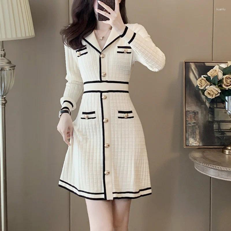 Casual Dresses French Small Fragrance Black Knit Dress Women Basic Elegant Contrast Long Sleeve Suit Collar Beige Female Bottoming
