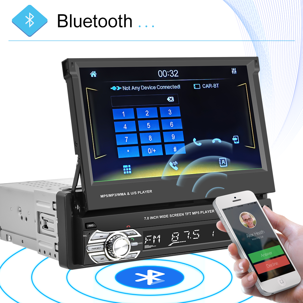 Podofo CarPlay Android Auto 1din Car Radio new Universally 7" 2025 Retractable Multimedia MP5 Player 1 DIN Head Unit Stereo Receiver BT