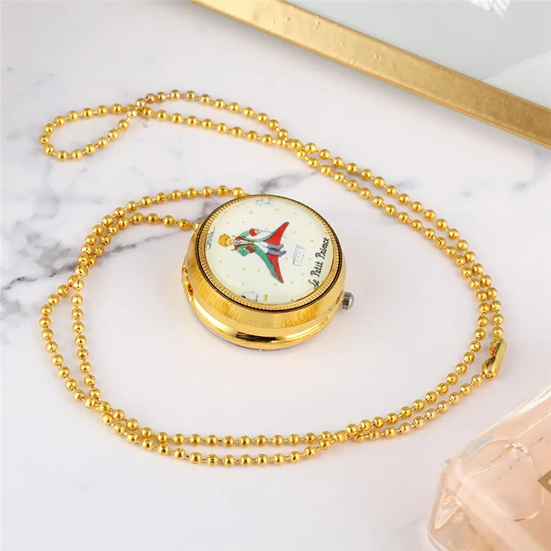 Case Little Boy Golden Design Small Size Quartz Pocket Watch for Men Women Sweater Necklace Chain Timepiece Reloj De Bolsillo smile