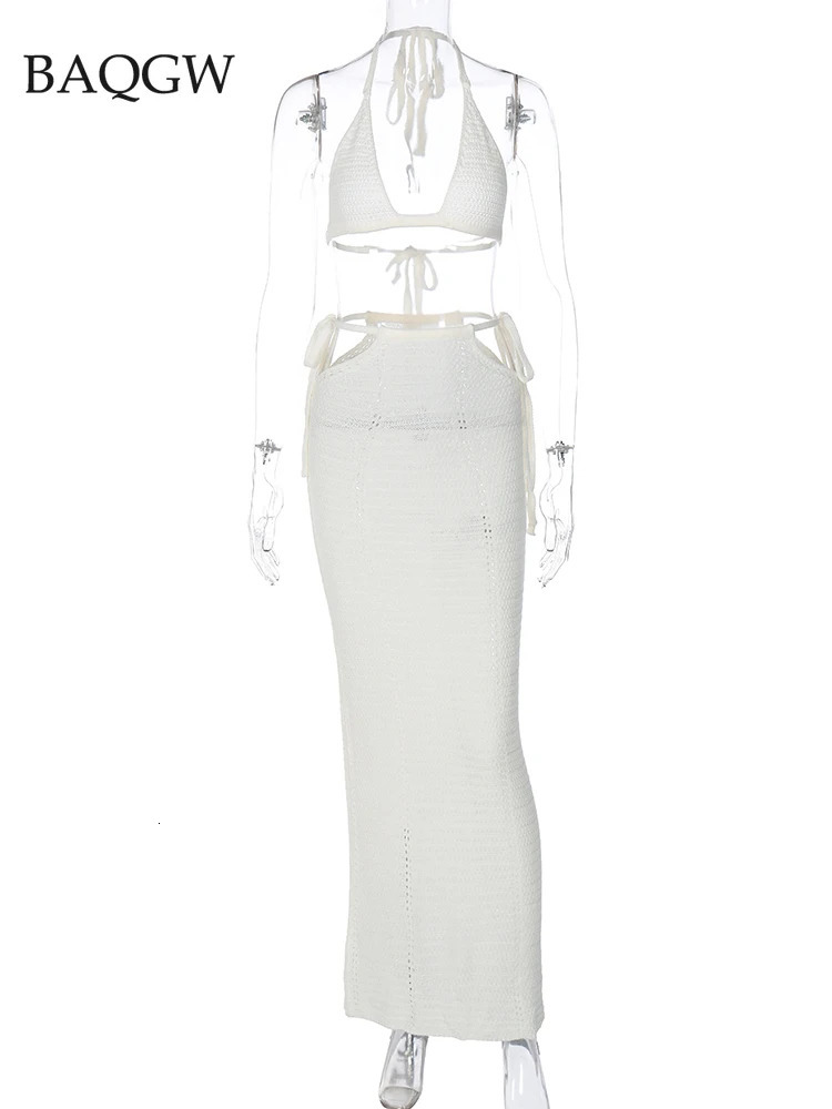 Summer Knitted Crochet 2 Piece Set Lace Up Halter Crop Top and Maxi Skirt Matching Co Ords Outfits Y2K Clothes Party Elegant 240401