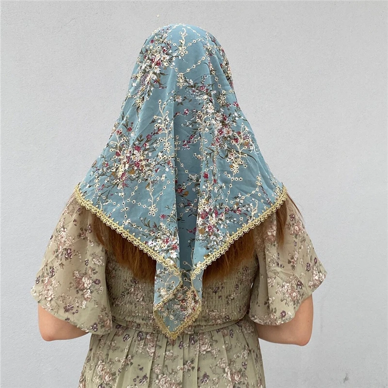 Velos de Mantilla de gasa Vintage en forma de D triangulares para iglesia, cubierta de cabeza de masa de catedral, dorado, colorido, Floral, azul
