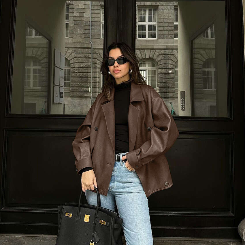 shanshi leather jacket women Winter brown women's high-end loose suit collar, leather jacket, 2024 new style