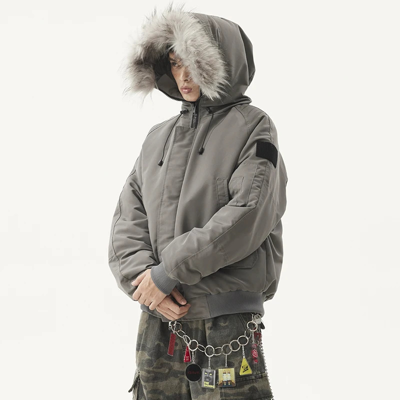 PFNW mens fur collar gray Parkas coat fashionable cotton padded coat Cleanfit loose fit thick warm winter coat 28W5475 241108