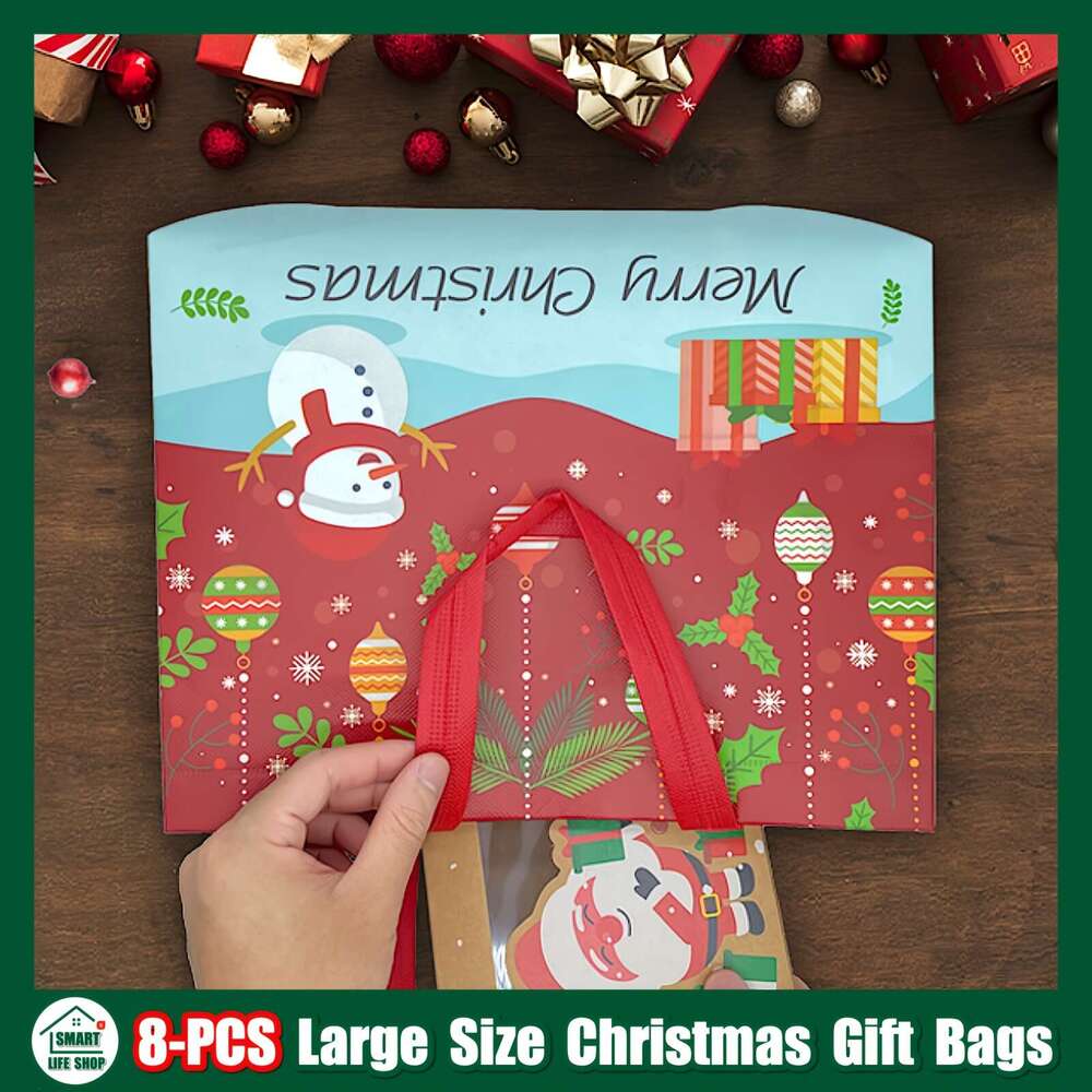 Christmas Gift Tote with Handles, Reusable Reinforced Handle Grocery Treat Bags, Multifunctional Non-Woven Christmas Bags for Gifts