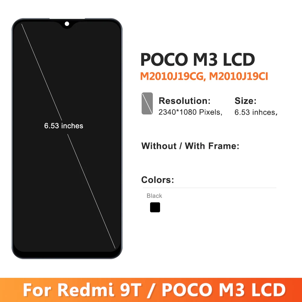 6.53" Original For Xiaomi POCO M3 LCD Display Touch Screen Digitizer Assembly For Redmi 9T lcd M2010J19SG Display Frame Repair