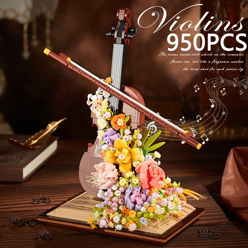 Mini Piano Violin Building Blocks Musical Instrument Preserved Flower Waterfall DIY Model Bricks Toys Children's Holiday Gifts