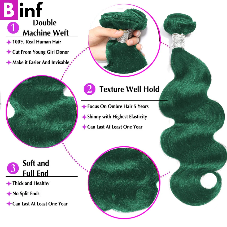 Colored Body Wave Green Bundles With Closure 5x5 13x4 HD Lace Closure Frontal with Bundles Remy 3/4 Bundles With Closure smile