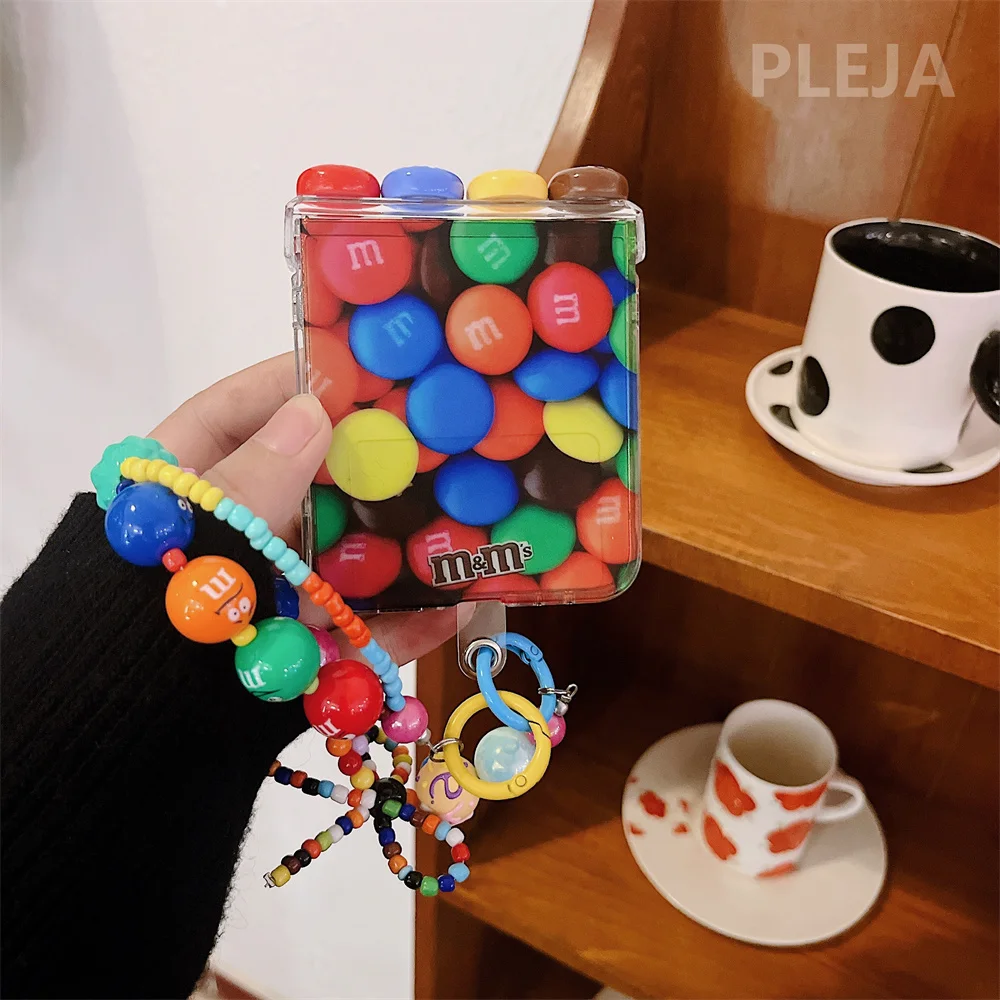 Hinge Korean Cute Chocolate Case ddmysmile For Samsung Galaxy Z Flip 5 4 3 Flip3 Flip4 Flip5 Zflip5 With Candy Beads Bracelet Chain Cover Smile