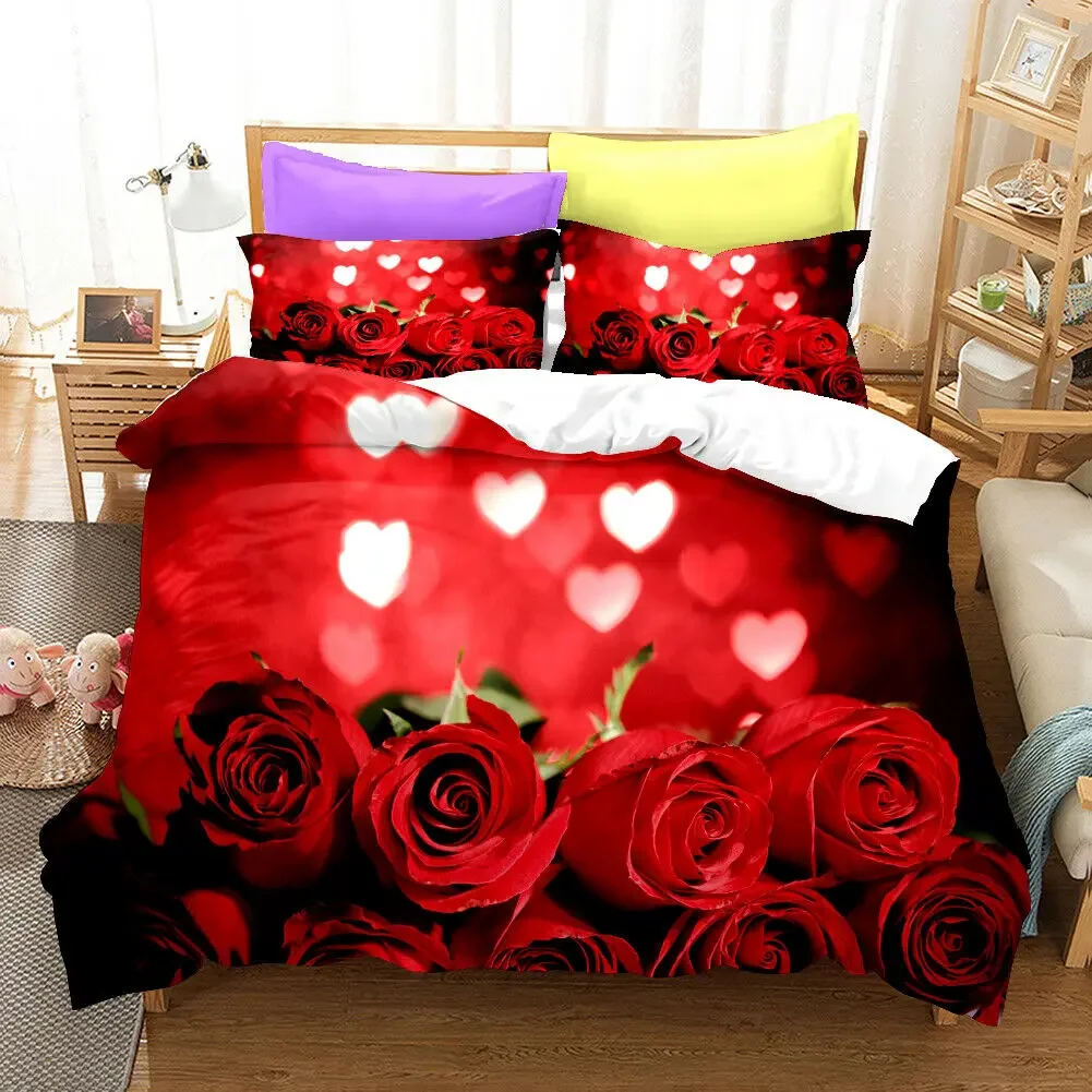 Duvet Cover Rose Red Set Flower 3D Passionate Rose Romantic Bedding Set for Woman Double Queen King Size Polyester Quilt Cover smile