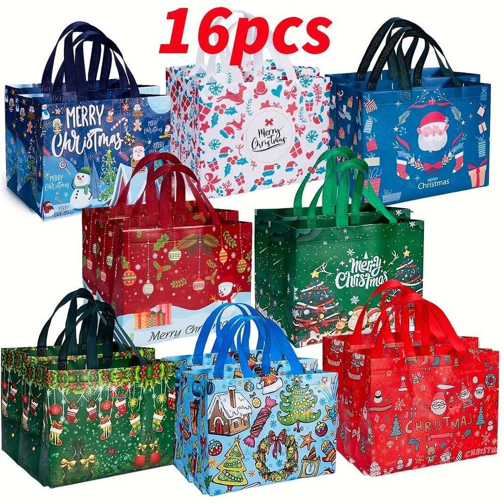 Christmas 8/16pcs Set Large Christmas Gift with Handles Reusable Non-Woven Tote Bags for Holiday Shopping Decor, Durable & Foldable, Featuring Santa, 