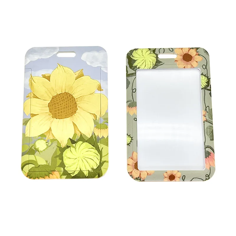 Simple Women Girl Flowers Credit Card ID Bus Card Holder Bags with Lanyard Student Identity Badge Card Cover with Neck Strap Bag smile