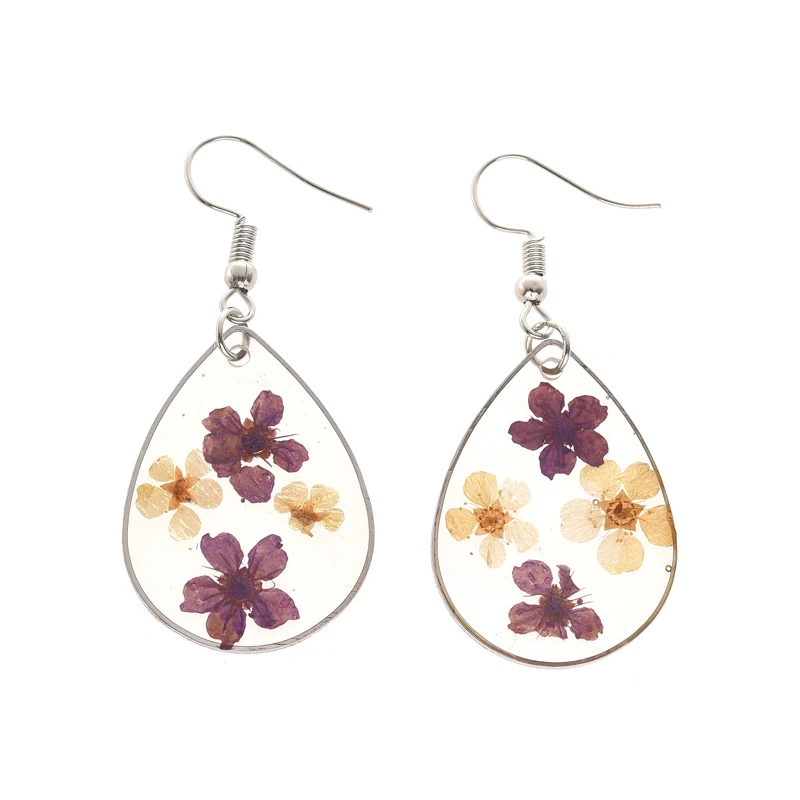 1Pair Pressed Oval Fresh Real Dried 2025 Flower Dangle Earring Daisy Hibiscus Petal Blossm Hook Resin new Drop Earring for Women Party