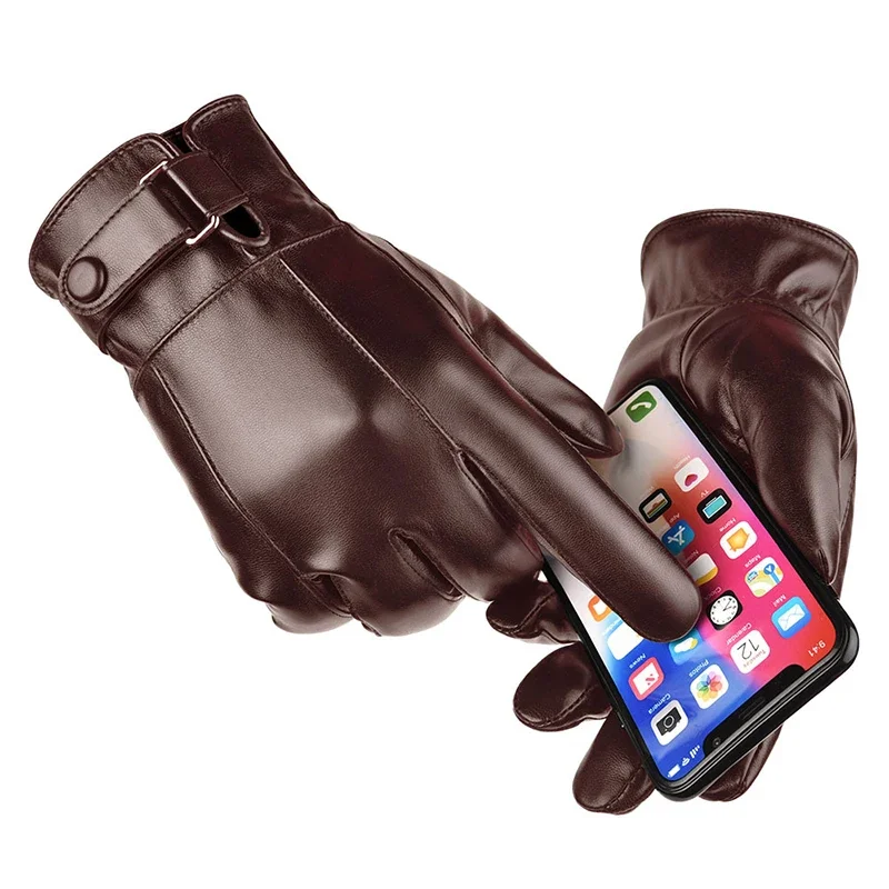 Men's PU Leather Gloves Winter Fleece Outdoor Riding Water Anti Slip Driving ddmysmile Warm Motorcycle Touch Screen Gloves Smile