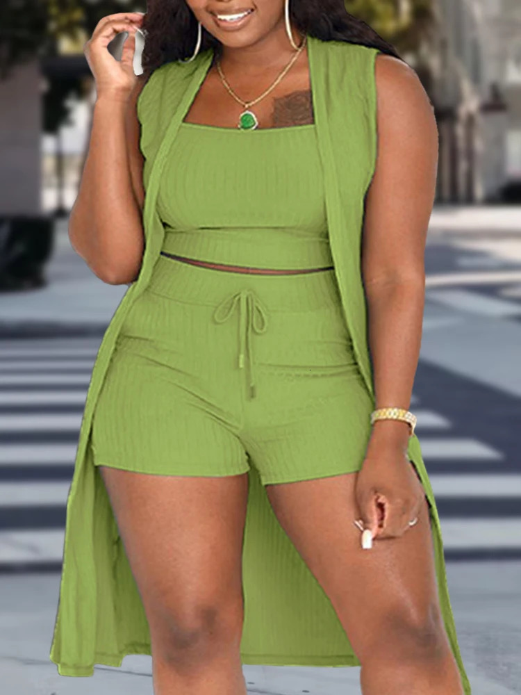 Plus Size Casual Outfits Three Piece Set Womens Plus Solid Ribbed Round Neck Tank Top Drawstring Shorts Split Hem Cardigan 240321