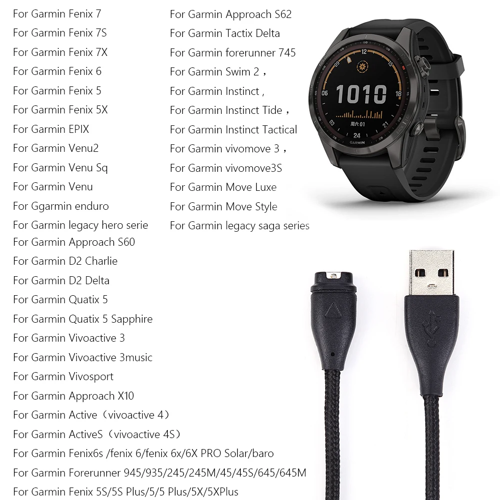 Fast 1m Charging USB Cable Data Cord Charger For Garmin Fenix 7 7S 7X 6S 6X 5 5S 5X Forerunner245 Venu 2 2S Vivoactive 3 4 4S smile