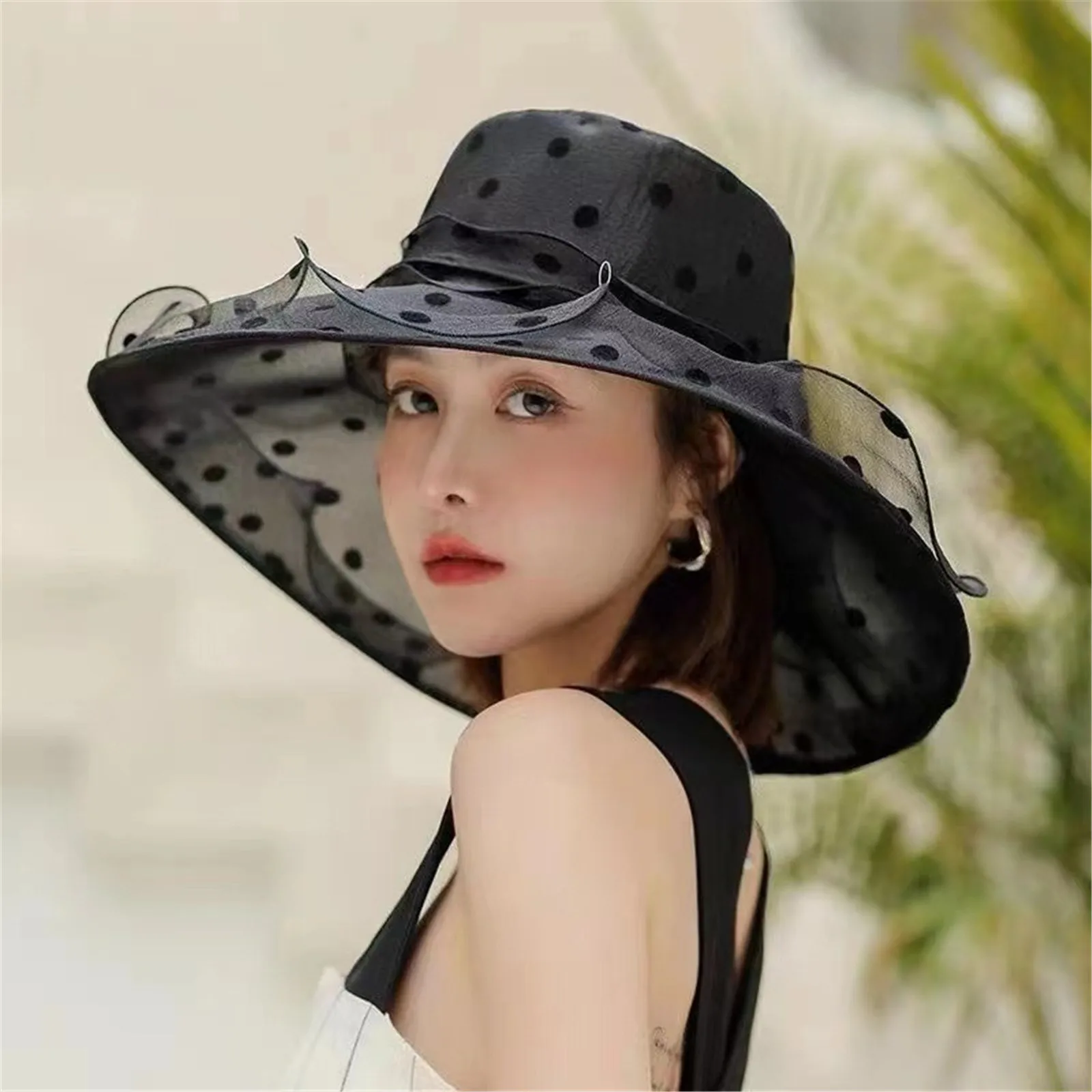 Church Women Summer Organza Wide Brim Bucket Hat Charming Sweet Elegant Dots Sunscreen Sun Hat Lady Wedding Foldable Panama Cap smile