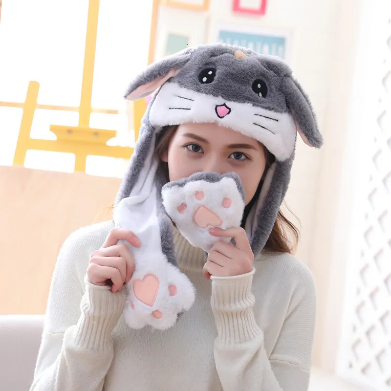 Girls Plush Moving Rabbit Ears Hat Cartoon Stich Funny Cap Kids Party Unicorn Airbag Anime Hats Women Move Jumping Ear Hats 240403