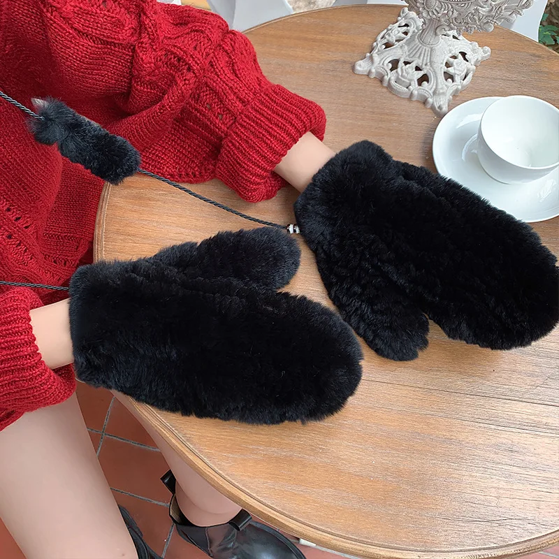 Real Women's Rex Winter Rabbit Fur Gloves Warm Thick Ladies Fur Mittens Elastic Girls Ski Glove Mitts Elastic Soft With String smile
