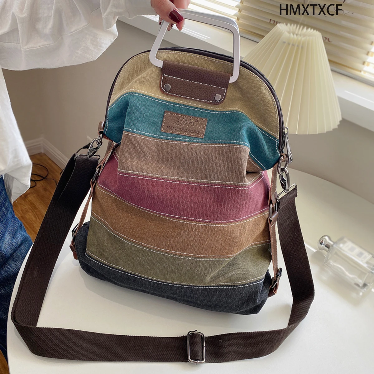 Backpack, Multi-Color Striped Canvas Women's Top Handle Daypack, Functional Shoulder Bag smile Backpack, Daypack,