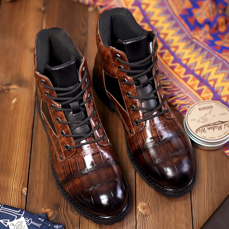2024 retro imitation crocodile leather shoes, fashionable men's mid top boots, Martin boots