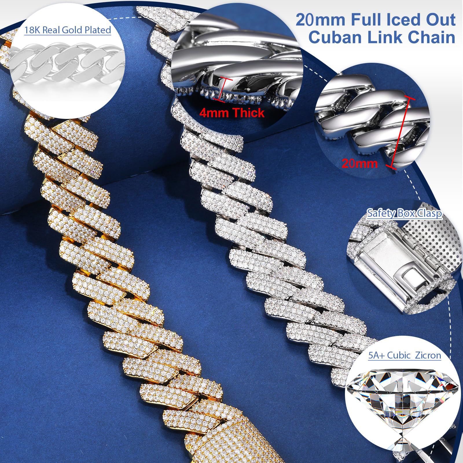 cuban k necklace designer for men 20MM wide 3 row bg dia iced out chain prong choker rapper hip hop thick gold jewelry woman Christmas gift