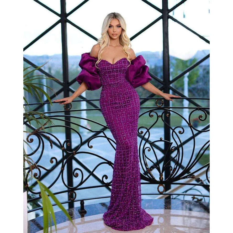 Gorgeous Evening Dresses Mermaid Strapless Beading Sequins Half Sleeve Prom Gown Party Dress Vestido De Noite Custom Made 0218