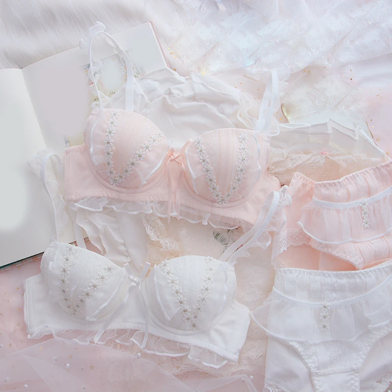 White 1set Japanese Pink/ Style Flower Pattern Girls Sweet Underwear Student Kawaii Bra Underpant Suit Girl Gift smile Pink/