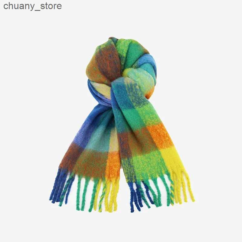 Scarves Rainbow Plaid Scarf For Women Autumn-Winter Premium Color Matching Fringe Mohair Thickened Shawl 24W027 L240910