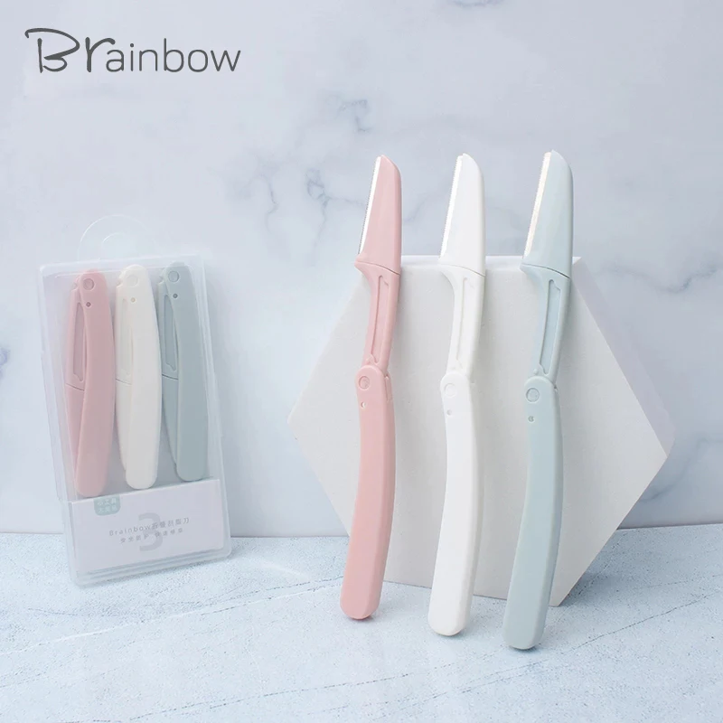 3Pcs Portable Safety Brainbow Eyebrow Trimmer Razor Shaver Eye Brow Shaper Hair Remover Set Facial Hair Remover for Women Makeup smile