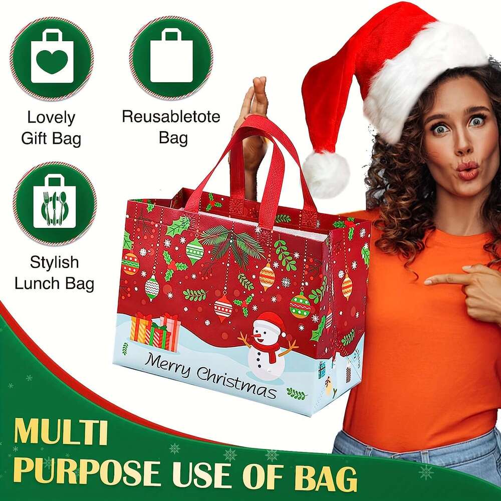 Christmas 8/16pcs Large Gift Tote Bags with Handles Reusable Non-woven Shopping Bags, Suitable for New Year Happy.