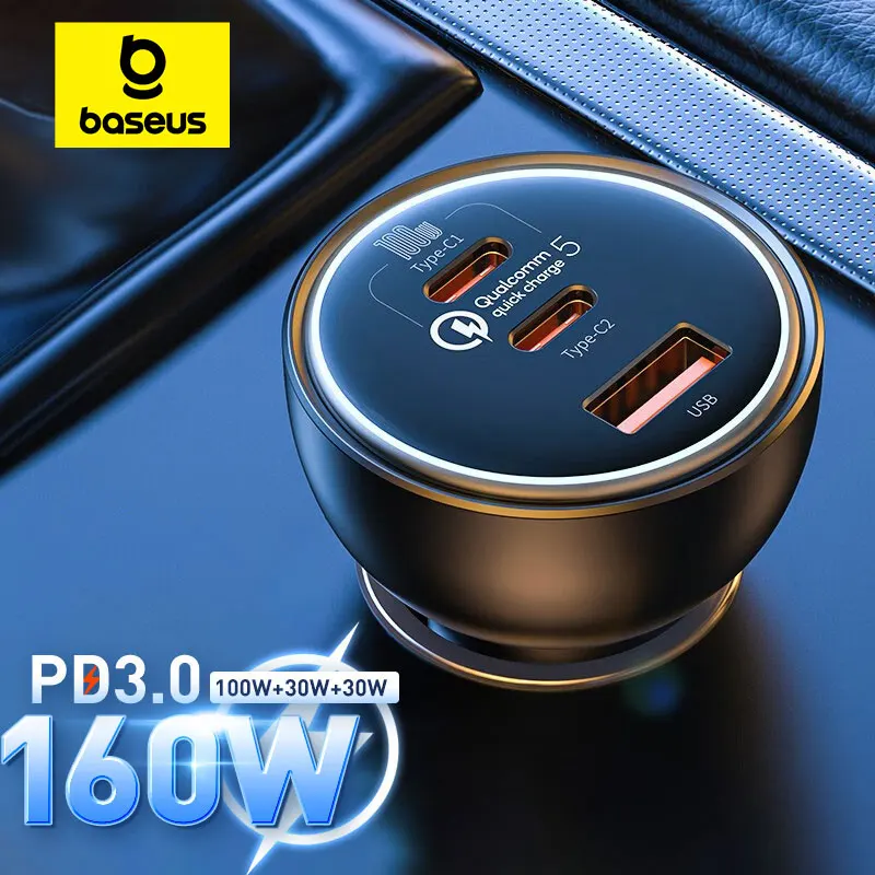 Baseus 160W Car Charger 2025 QC 5.0 Quick Charge With USB Dual Type C For IPhone 15 new 14 13 12 Pro Laptops Tablets Car Phone Charger