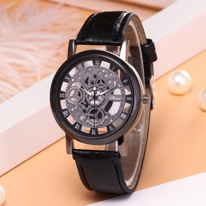 For Foloy Men Watch PU Leather Band Hollowing out Analog Alloy Quartz Wrist Watches Men Watch Clock smile