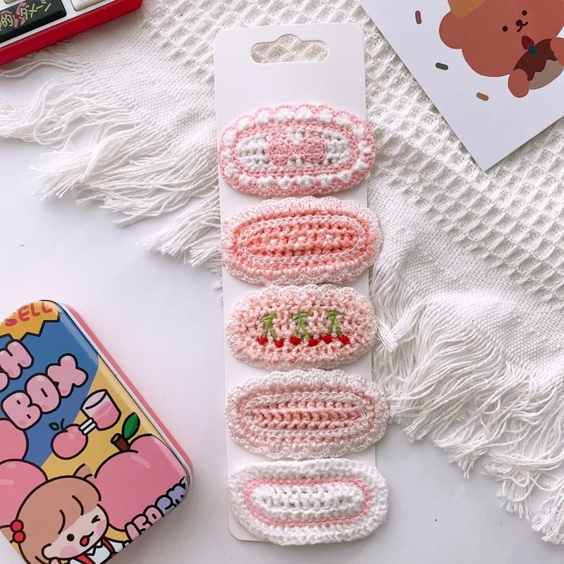 Versatile 5Pcs Knitted Models Wool Sweet Flowers Girl ddmysmile Heart Clip Cute Wrap Cloth Bangs Hair Clip Kids Baby Girl Hair Accessories Smile