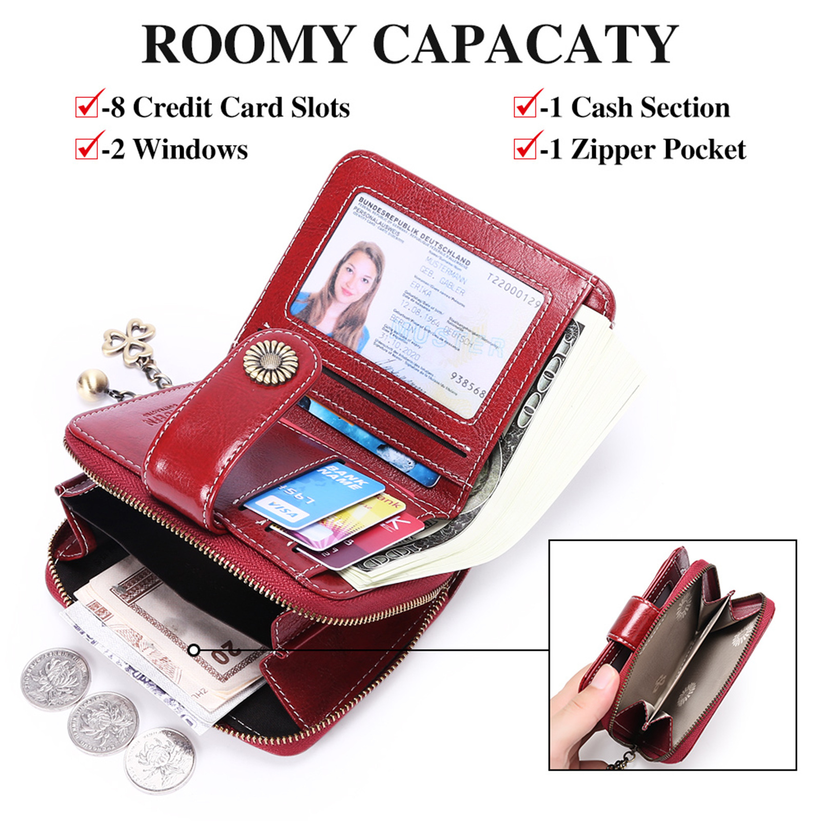 Genuine Leather Women Wallet Short Zipper 100% Head Layer Cowhide Card Holder with Chain Cute Small Coin Purses Female Money Bag