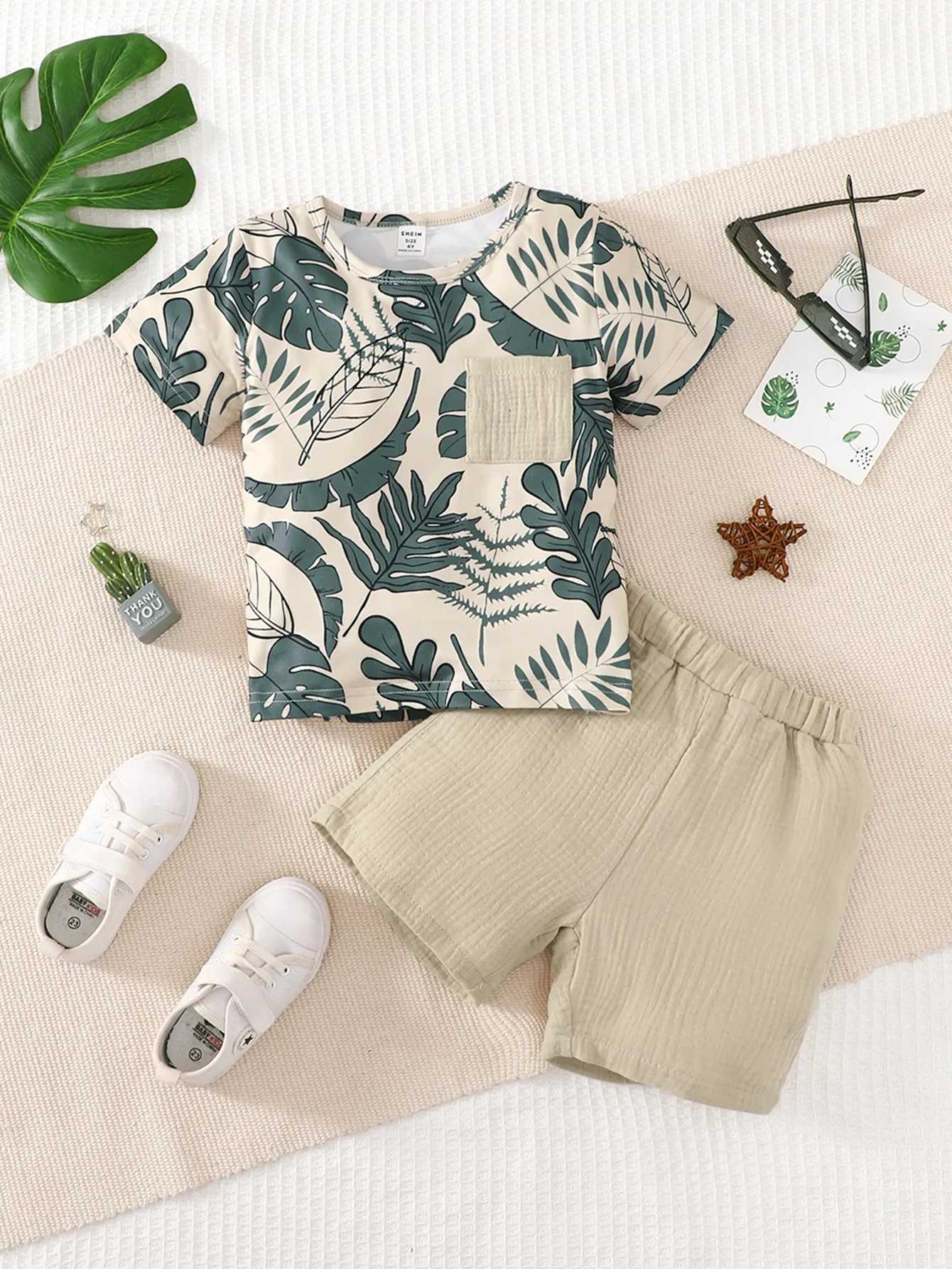 Clothing Sets 2PCS Kid Boy Clothes Set Short Sleeves Leaf Print ket Style T-shirt+Shorts Summer Casual Outfit For Child Boy 4-7 YearsY241225C4XW