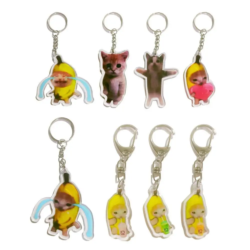 Cute Cat Mini Banana Meme Keychain Set Girl Students Funny Happy Love Bread Black Cat Keyrings Small Pendant Phone Chain Jewelry smile
