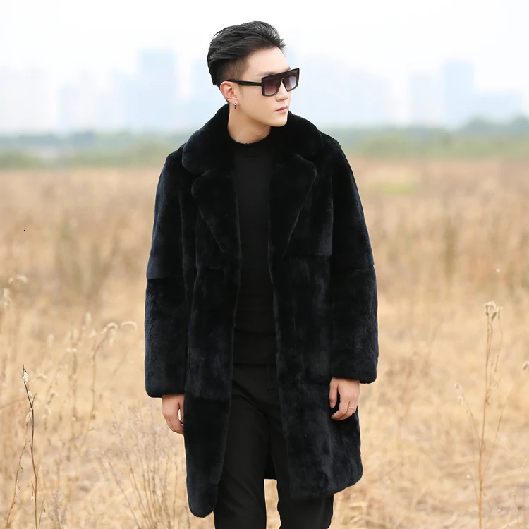 Real Gennie Natural Mens Rex Rabbit Fur Coat UK Collar Long Fashion Jacket Warm Winter Customization Any Size 241108