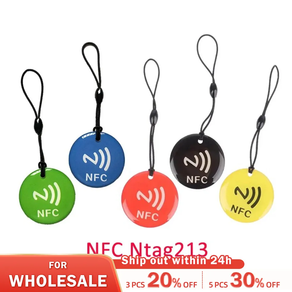 10pcs Ntag213 NFC Tag Lable Token With Rope RFID 13.56MHz 144 Bytes ISO14443A Epoxy Card 35mm Diameter For All NFC Enabled Phone