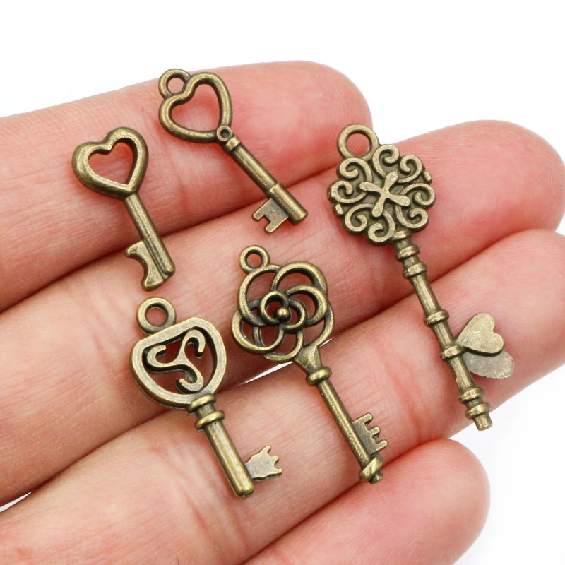 40pcs Key Charms Pendants Antique Bronze plated Metal Retro Slower Heart Keys Charm DIY Jewelry Making Accessories Necklace