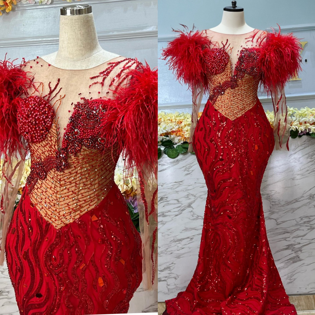 2024 Plus Size Aso Ebi Prom Dresses For Special Ocns Feathered Illusion Long Sleeves Beaded Lace Pearls Birthday Gowns Reception Anniversary Party Dre