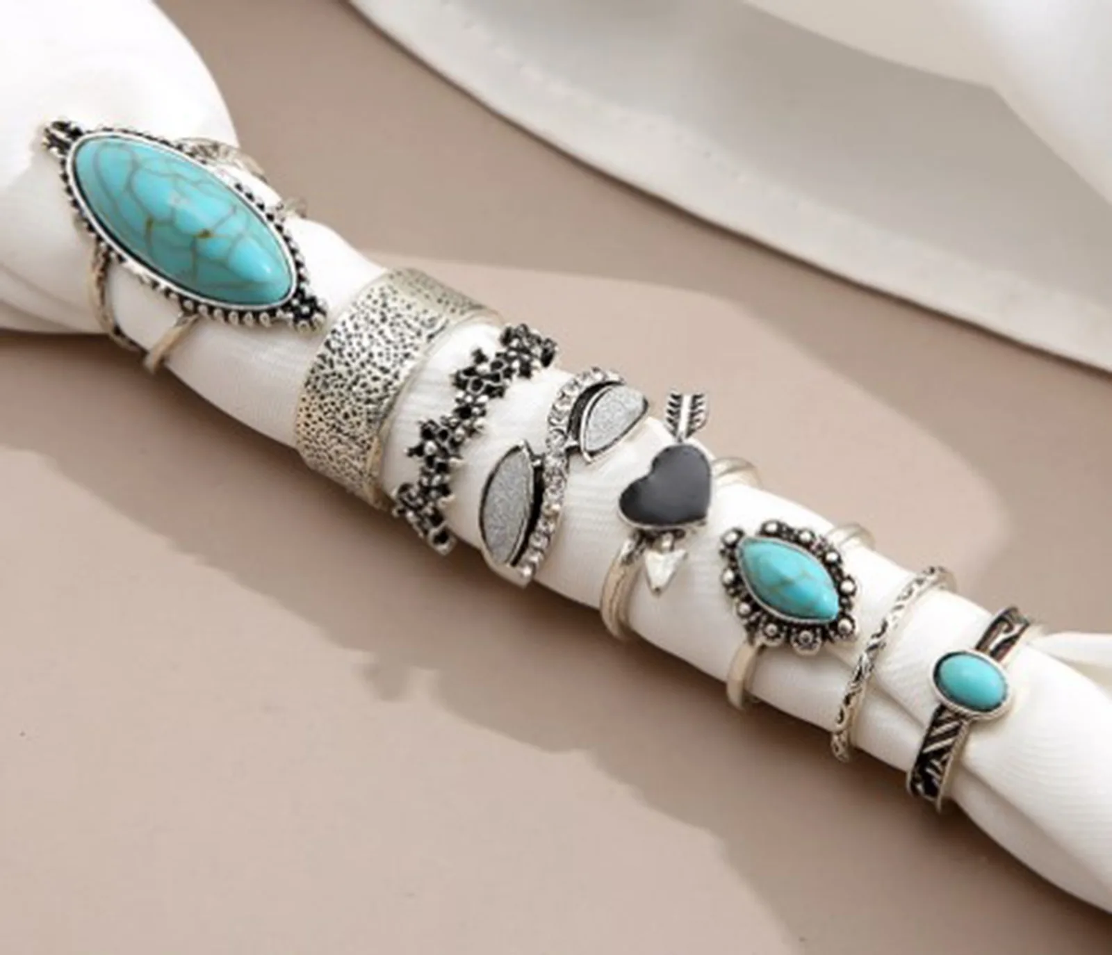 Stone Vintage Boho Blue Turquoise Rings For Women Wholesale Mix Styles Ethnic Finger Ring Set Jewelry Party Gifts smile
