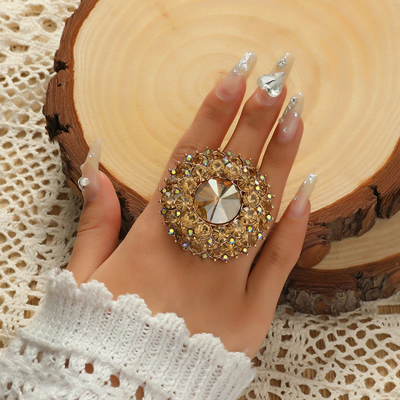Stone Crystal Unique Boho Ring Big Round Rings For Women Vintage Female Wedding Party Jewelry Birthday Gift smile